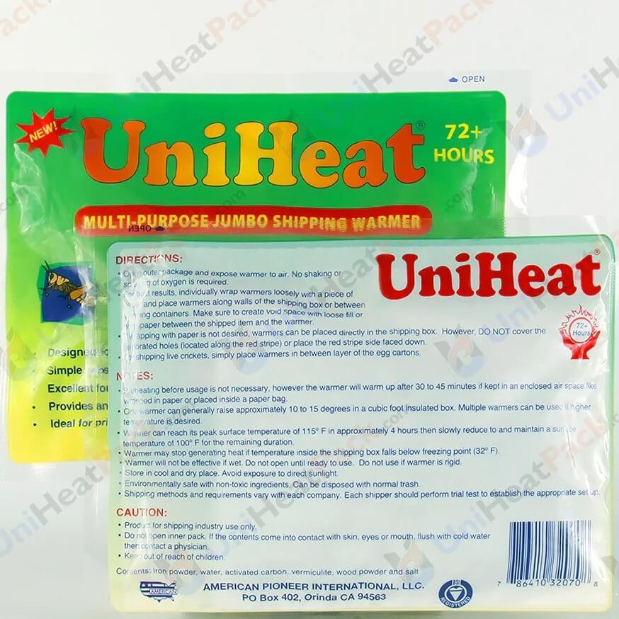 Front and back of a UniHeat 72-hour heat pack package