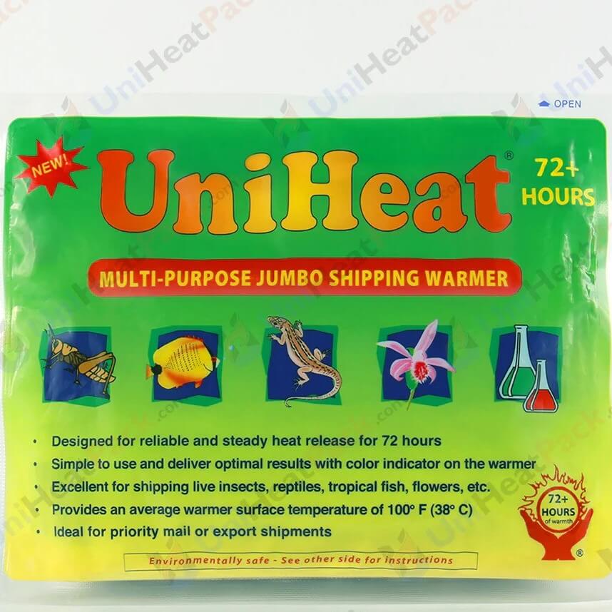 UniHeat 72-hour shipping heat pack in its green and yellow packaging