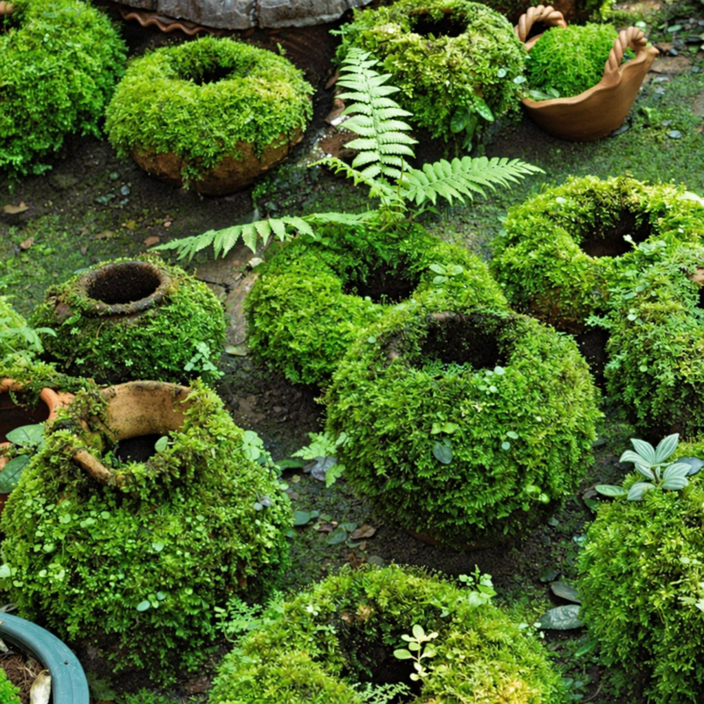Mounds of live green forest moss growing over pots beside ferns