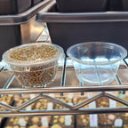 Measured portion of Osmocote Plus pellets in a clear container on a greenhouse shelf