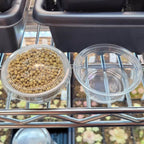 Osmocote Plus fertilizer pellets in a clear cup, seen from above