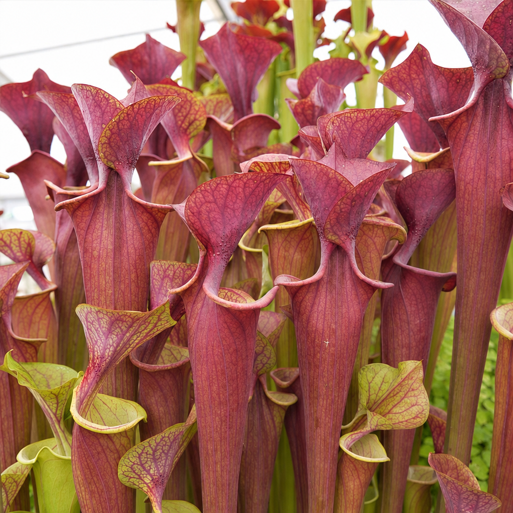 Stand of tall, solid red Sarracenia alata 'Red Tube' pitcher plants